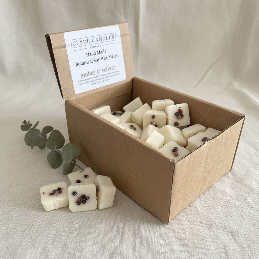 Clyde Candles Amber & Vetiver Botanical Soy Wax Melts – styled product image with eucalyptus and linen