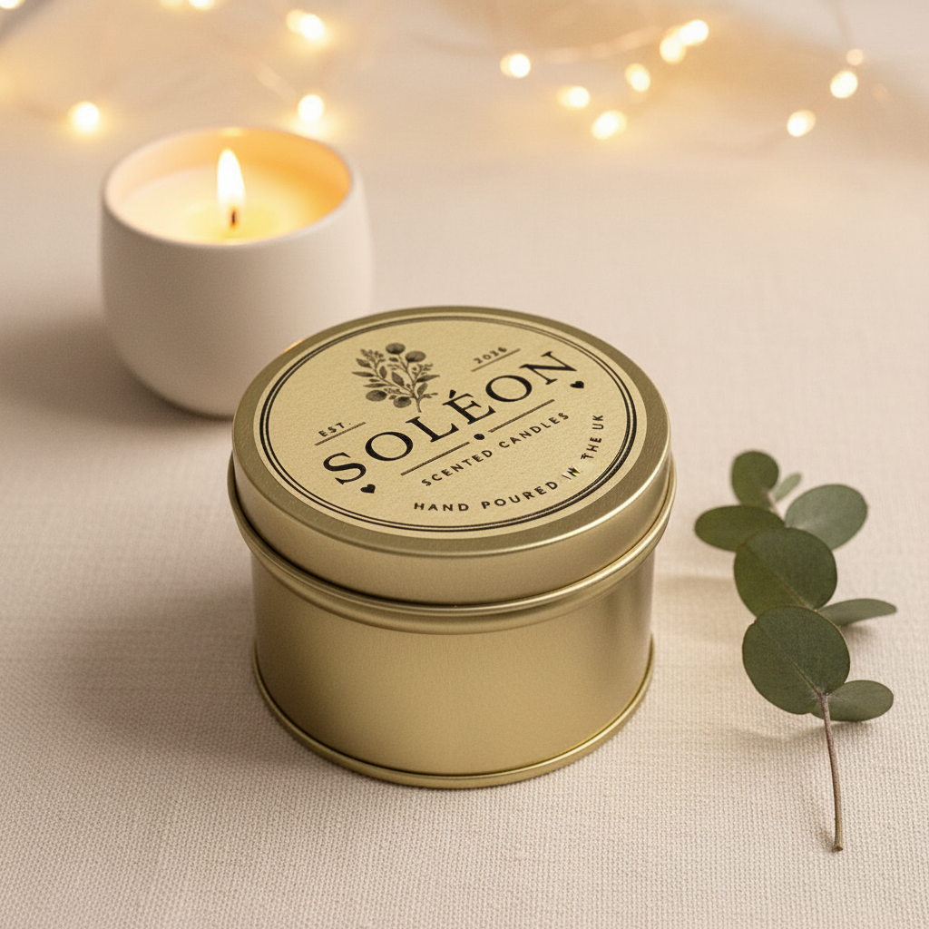 SOLÉON Gold Candle Tin – styled product image